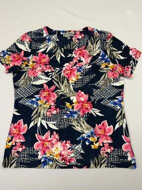 JM Collection Top PL LP L Petite Navy Pink Hawaiian Liquid Travel Knit